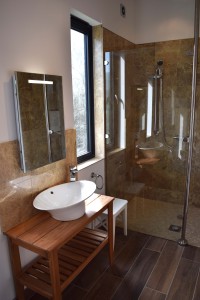 New Bathroom, walk in shower, marble tiles and oak floor underfloor heating