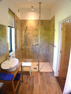 New Bathroom, walk in shower, marble tiles and oak floor underfloor heating