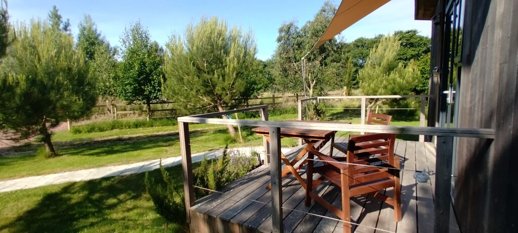 Sitting outside on the deck at Lodge 2 looking over the flower meadows